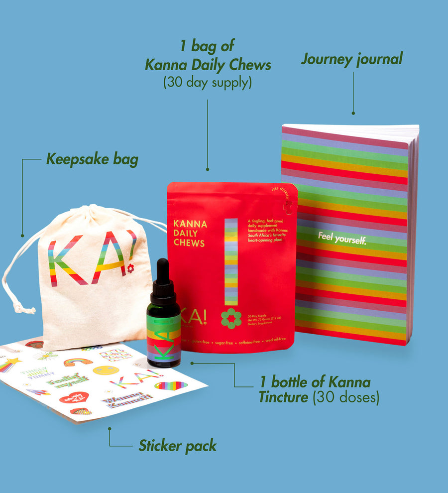 Kanna Daily Chews package with keepsake bag, bottle, and journal on a blue background