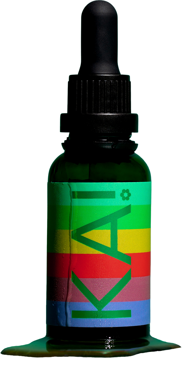 Bottle with colorful label and dropper on a transparent background