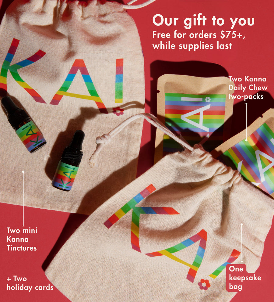 Promotional image of Kanna products including bags, tinctures, and holiday cards on a red background.