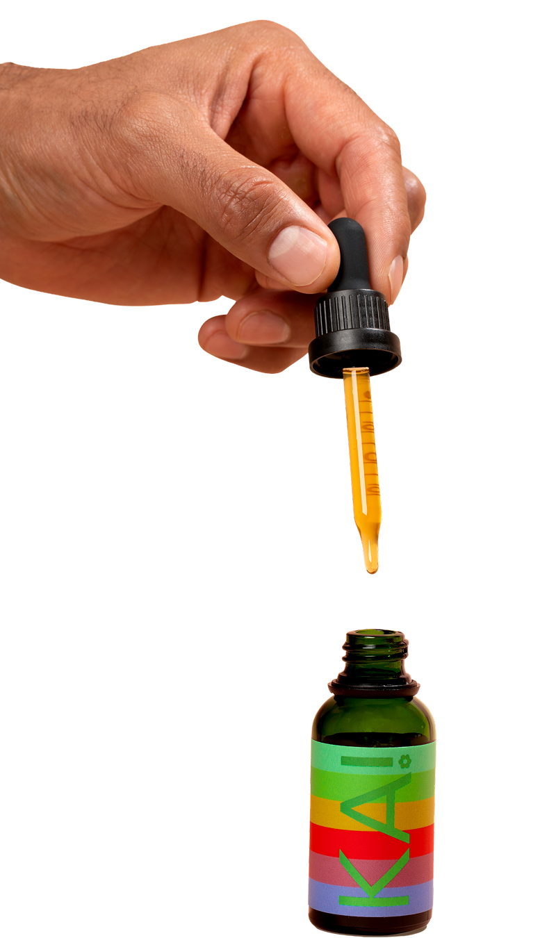 Hand holding a dropper over a bottle labeled 'Ka!' with a transparent background